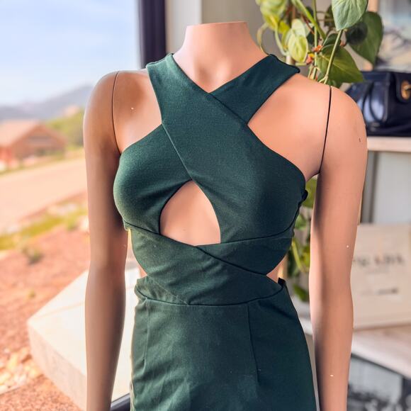 TOBI-LA Based Fashion, Deep Green Cutout Fitted Midi Dress, Women’s Size Small - Picture 2 of 12